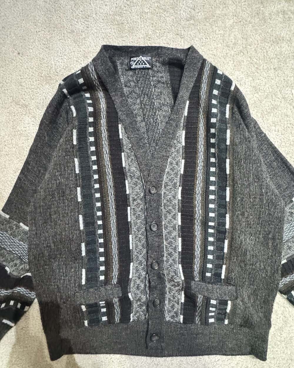 Vintage Porto Cruz Striped Knit Cardigan, Grey Geometric Retro Sweater, Size L